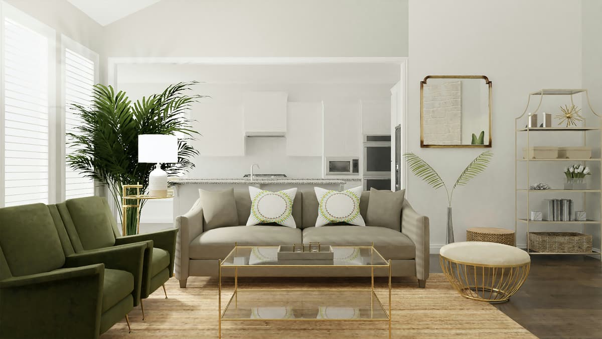 Cosy sitting room with soft green sofa and freshly painted walls