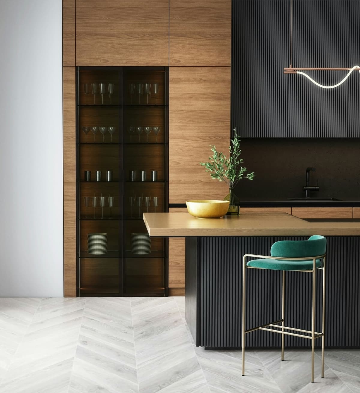Dark sprayed kitchen cabinetry with smooth factory-like finish and teal stool